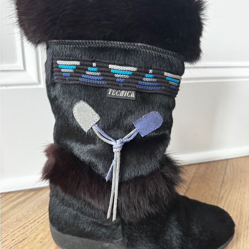 Vintage Italy Designer Tecnica Real Black Fur Boots Apres Ski Sherling Suede 80s